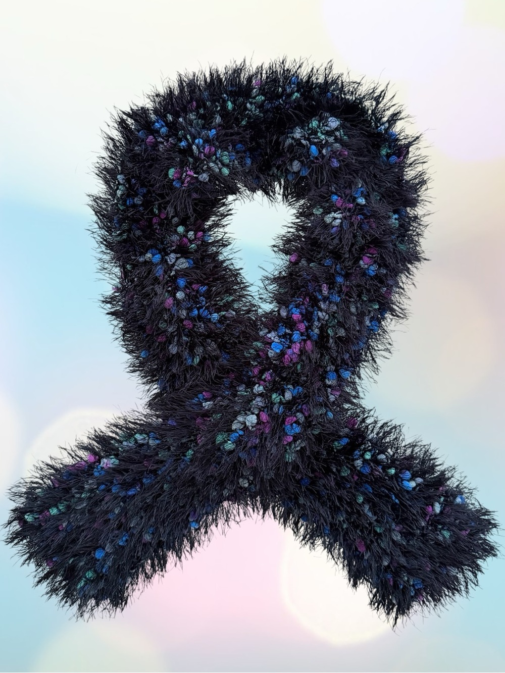 Black Fuzzy Shag Eyelash and Multicolor Textured Plush Loop Curly Yarn Scarf